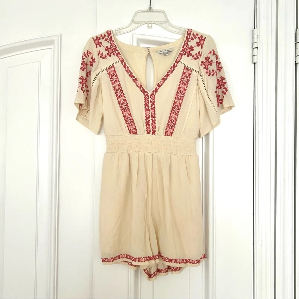 American Eagle Outfitters Cream and Red Embroidered Romper - Picture 1 of 6